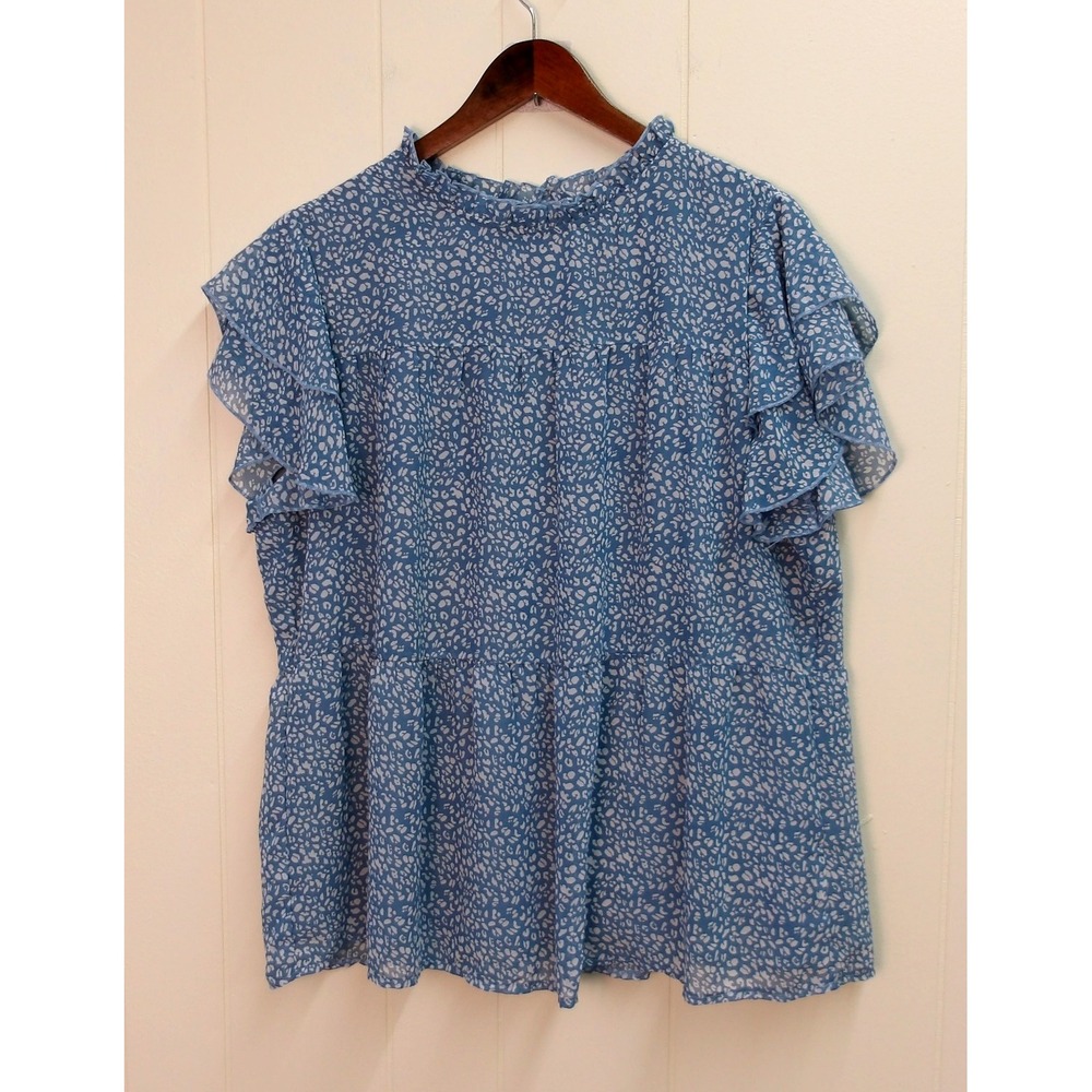 Pretty Garden Women's Blue Floral Ruffle Neck‎ Top Officewear Blouse XL /#8080